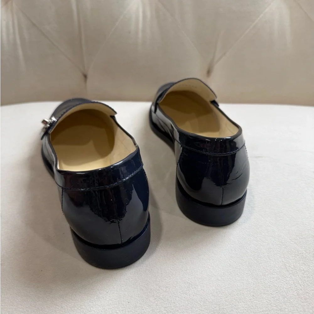 CHANEL Navy Blue Patent Leather Loafers size 39